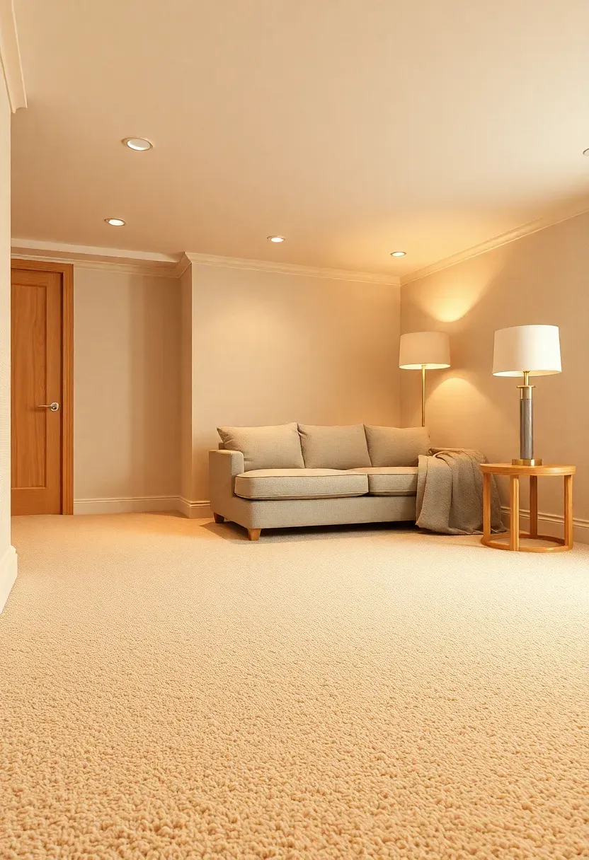 spacious finished basement with wall-to-wall cream saxony carpet and neutral furniture