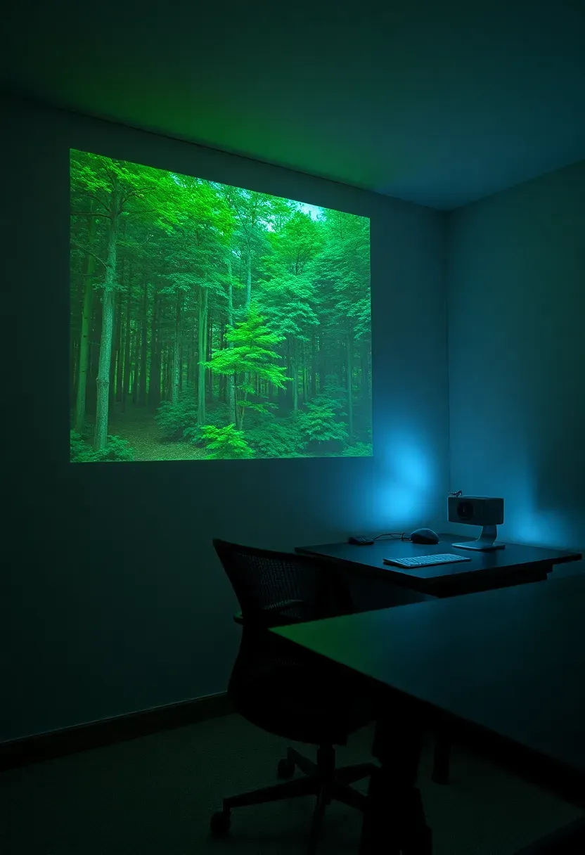 Windowless basement office wall showing a large projected nature scene of a forest, with desk nearby