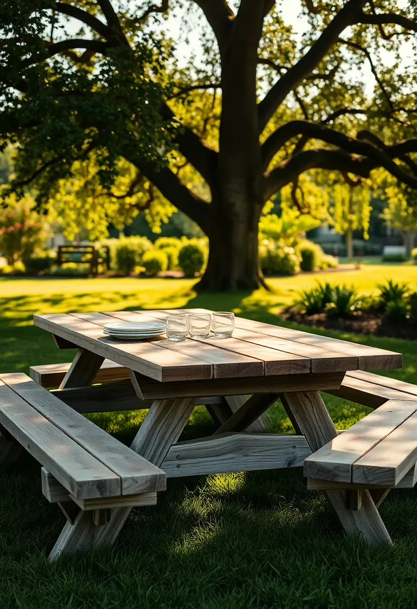 A classic cedar picnic table with attached benches set on a grassy backyard lawn near a shade tree with plates and cups on top