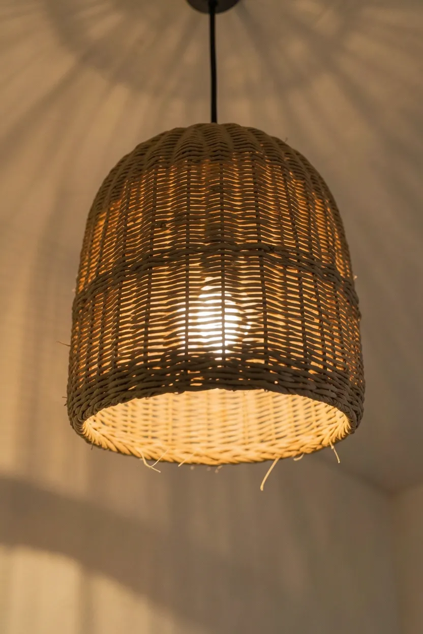 Woven rattan pendant light casting warm dappled shadows over a seating area in an organic modern apartment living room