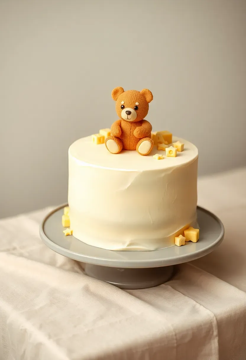 single tier baby shower cake with handmade fondant teddy bear sitting on top surrounded by tiny fondant stars and blocks in pastel yellow and beige tones