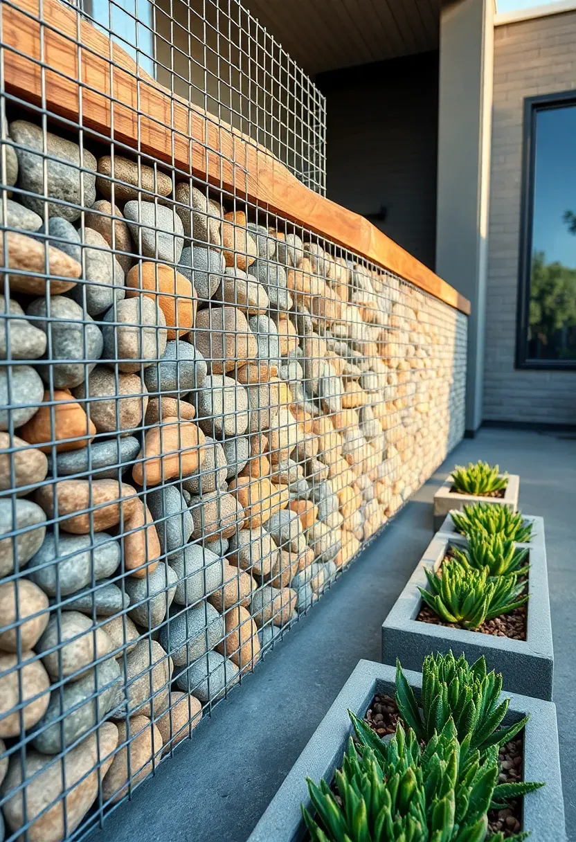 A gabion wall feature made of wire mesh cages filled with river rock forming a low bench wall along a modern patio with concrete flooring and succulents