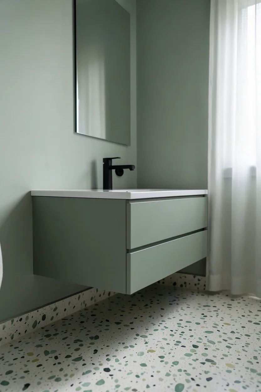 Monochromatic sage green bathroom with terrazzo floor tiles featuring green and cream chips — spa-like small apartment bathroom