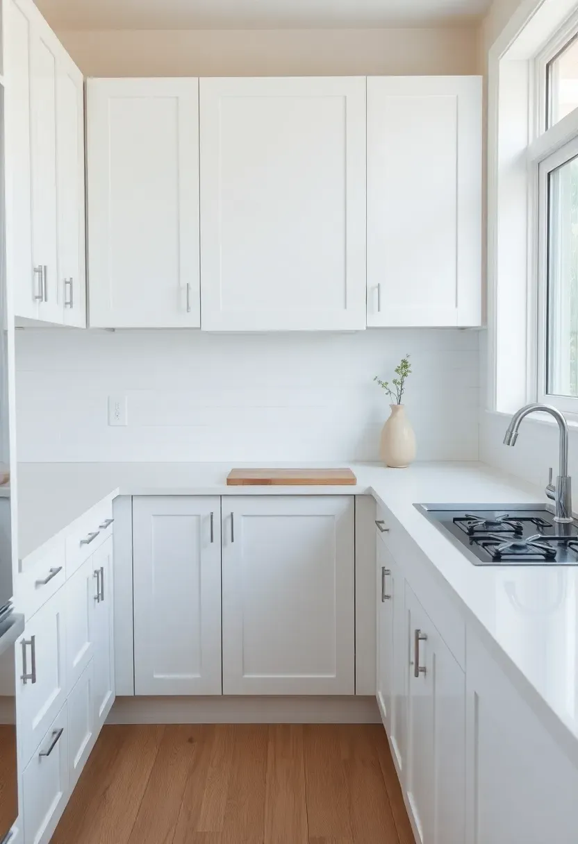 Hyper-realistic view of minimalist kitchen with pristine white countertop, completely clear except for one wooden cutting board and single ceramic vase, white upper cabinets, light oak lower cabinets, large window. Materials: white quartz countertop, white painted cabinets, oak wood floor, natural light. Serene empty workspace mood, shallow depth of field, no text, no logos.</p>
