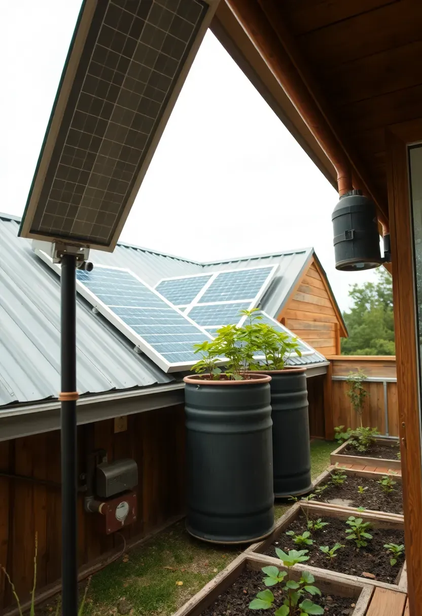 Hyper-realistic 3/4 view of tiny house with visible sustainable features including solar panels on roof, rainwater collection barrels at corner, and rooftop deck with native plants in containers. Materials: recycled metal roofing, reclaimed wood siding, visible copper piping for water collection, solar panel arrays with mounting hardware. Bright natural daylight from overcast sky creating even illumination across all surfaces, showing texture and detail of sustainable materials. Shallow depth of field focusing on solar panels and rain barrels, showing garden space and small vegetable beds in background with young plants. Clean environmental aesthetic with functional sustainability design. No text, no logos, no watermarks.</p>