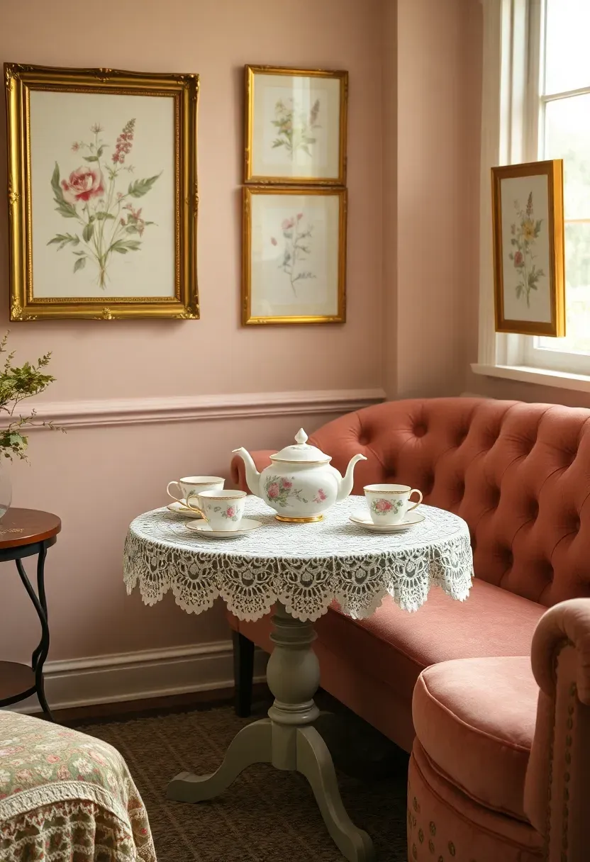 Vintage tea room she shed with round pedestal table, lace cloth, floral china teapot and cups, botanical prints in gilded frames on blush walls, dusty rose velvet loveseat