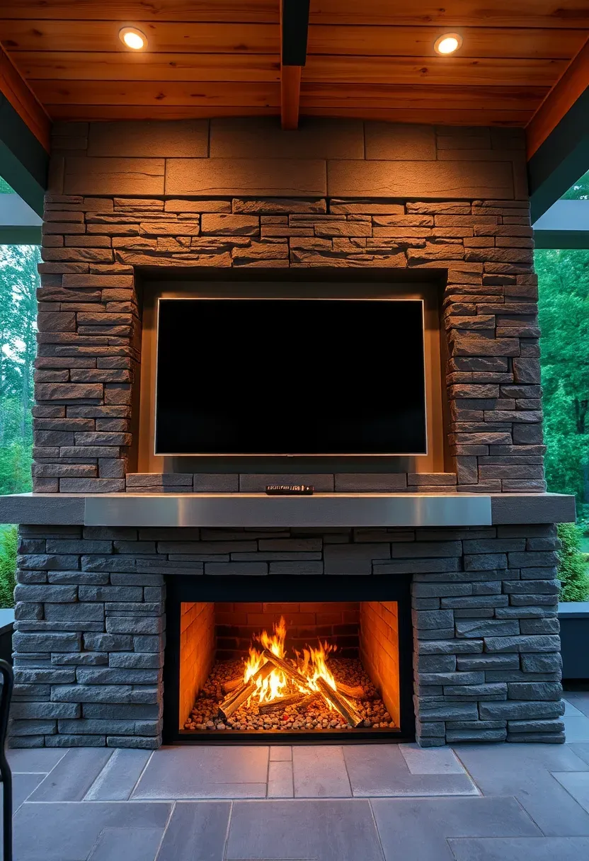 An outdoor fireplace wall with a recessed niche above the firebox holding a weatherproof television screen on a covered patio