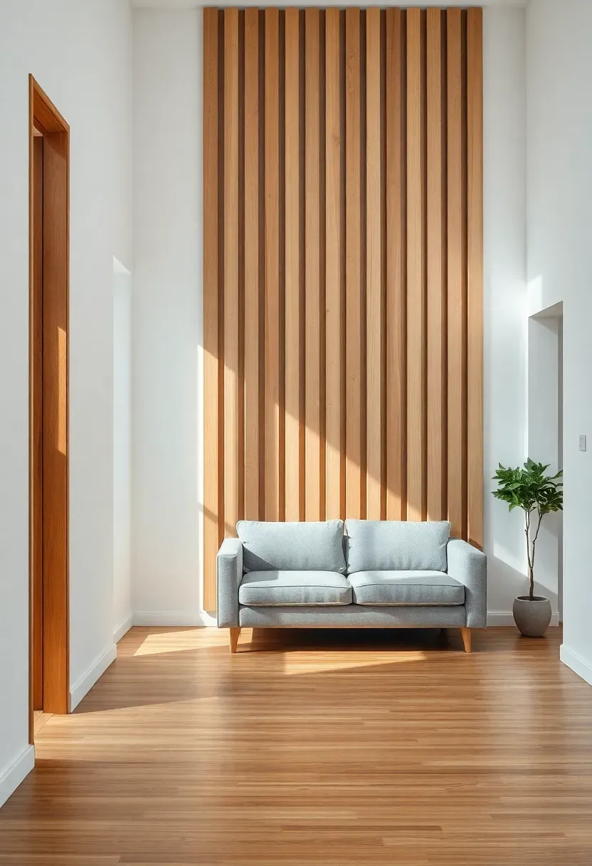 Hyper-realistic view of small minimalist living room with vertical wood slat feature wall, light oak or walnut slats with spacing between, small gray sofa opposite slat wall, oak floor, white walls on other surfaces. Materials: vertical wood slats in light stain, white plaster walls, gray linen sofa, oak floor. Natural light, architectural interest mood. Vertical texture adding depth without occupying floor space, shallow depth of field, no text, no logos, no watermarks.</p>