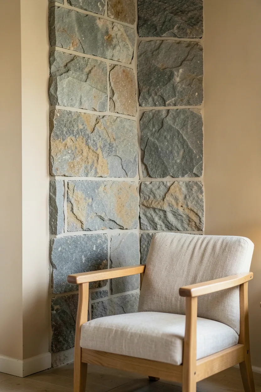Rough slate stone accent wall with visible texture and muted gray tones as a wabi sabi living room backdrop