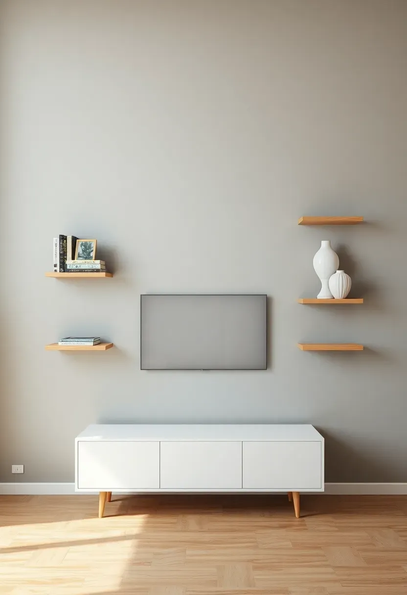 Minimalist living room with a mounted TV flanked by symmetrical floating wooden shelves displaying books and small plants against a soft grey wall