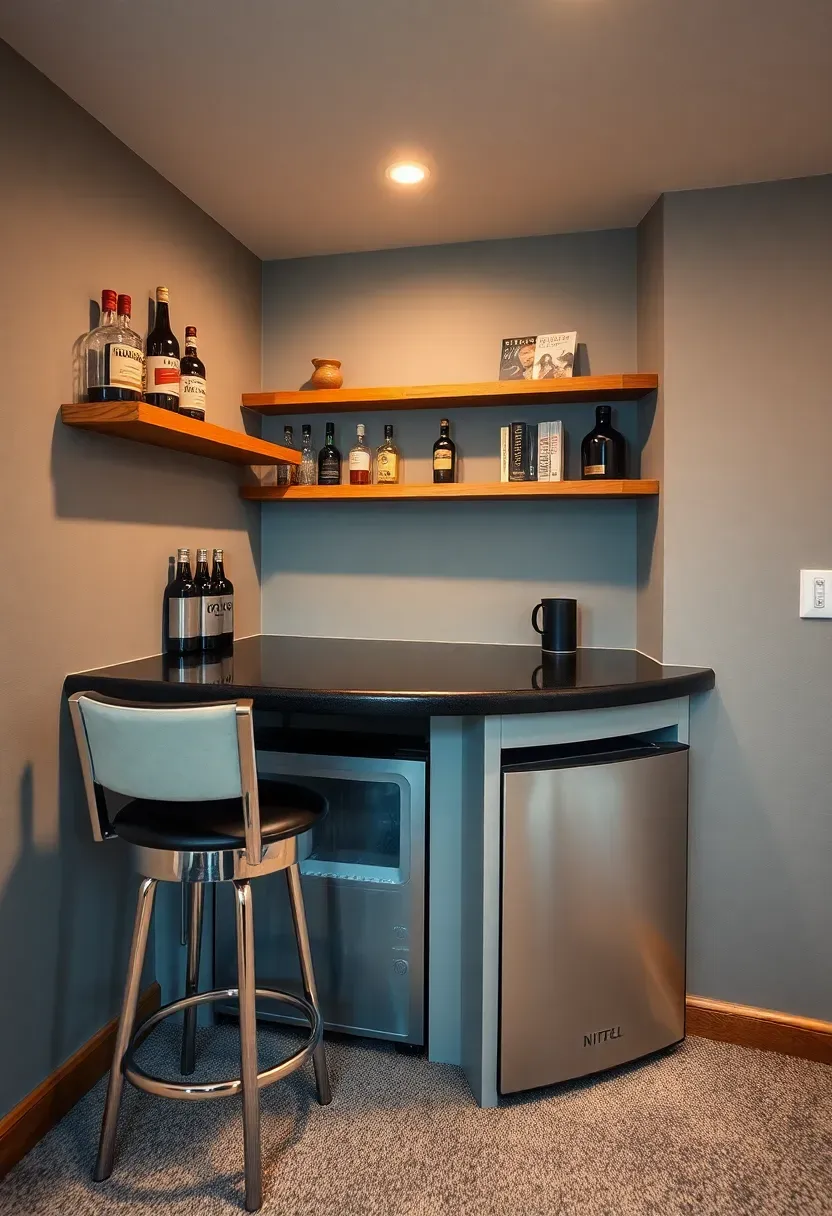 Compact corner bar in a small basement with wraparound counter, two bar stools, wall-mounted shelves, and a mini fridge tucked below