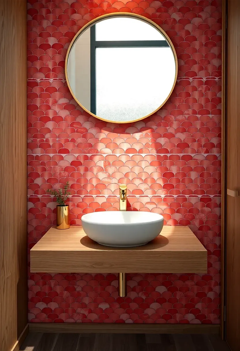 Bathroom feature wall with coral-pink fish scale tiles behind a floating wooden vanity, white vessel sink, and round brass-framed mirror