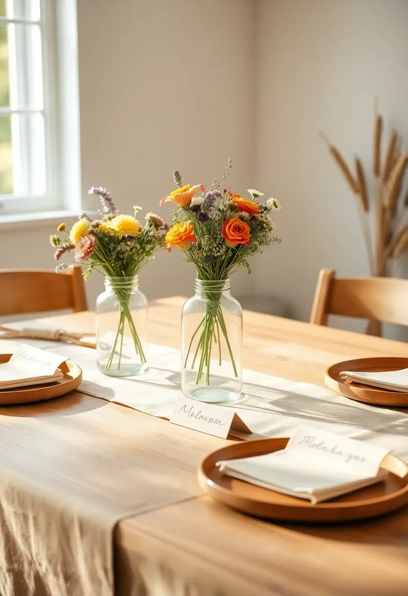 wildflower meadow baby shower theme with scattered field flowers in mason jars, linen table runners, and wooden charger plates