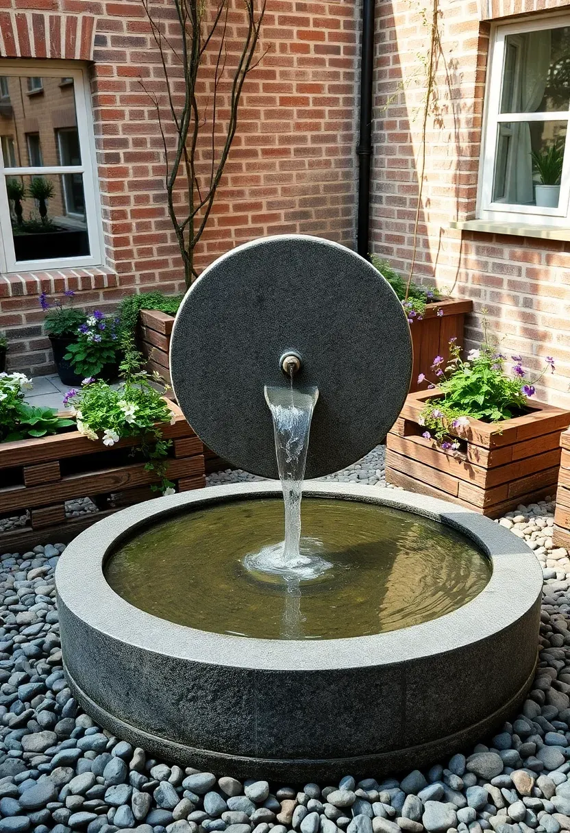 Small courtyard millstone bubble fountain with granite disc, water welling from center over pebble surround, surrounded by raised brick planters with trailing lobelia