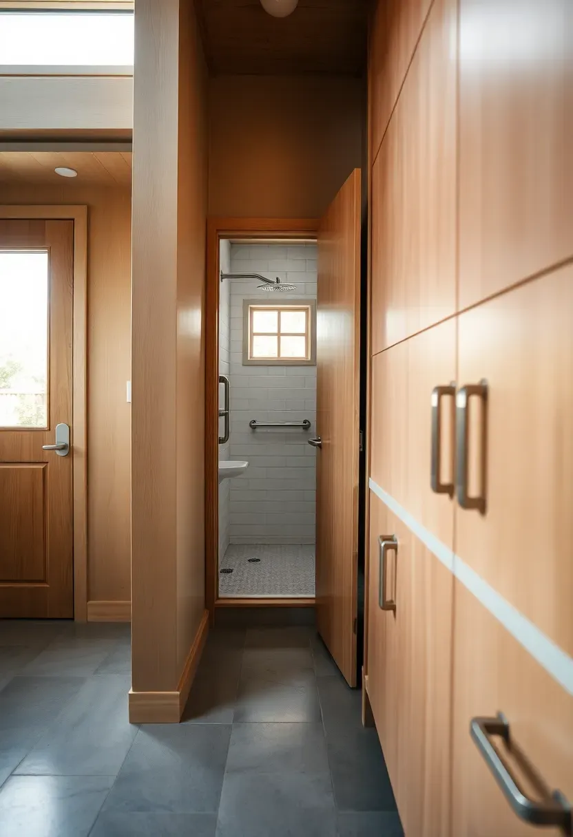 Accessible backyard ADU with a zero-step entry, wide doorways, grab bars in a visible walk-in shower, and lever-style door handles throughout a bright open interior