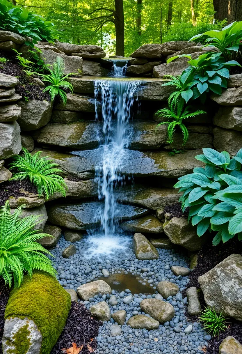 Pondless waterfall cascading over stacked natural stone into a hidden gravel basin surrounded by ferns and hostas