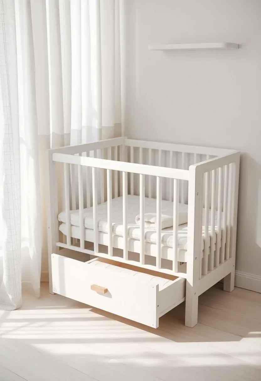 mini crib with built-in drawer underneath in a small baby boy nursery with white and wood tones