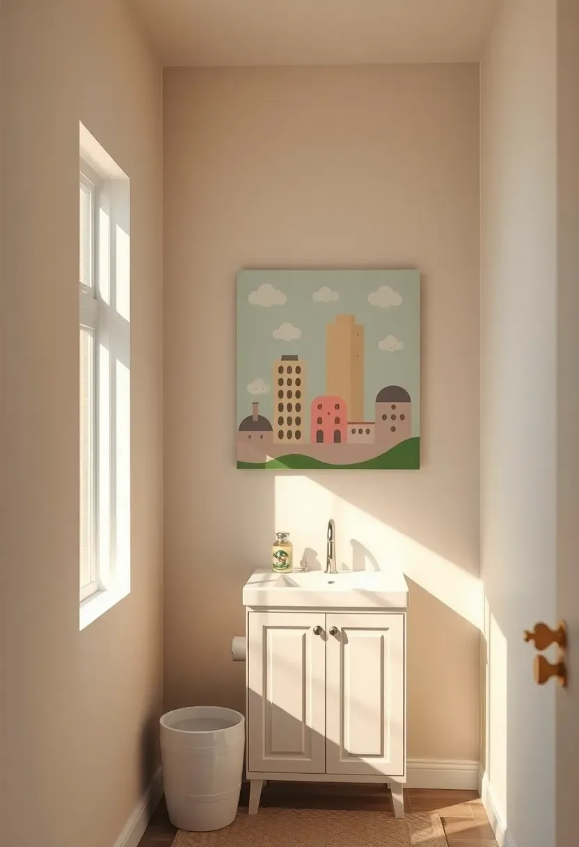 Toca Boca game-inspired accent wall with removable colorful wallpaper featuring playful characters and cityscapes behind a bathtub