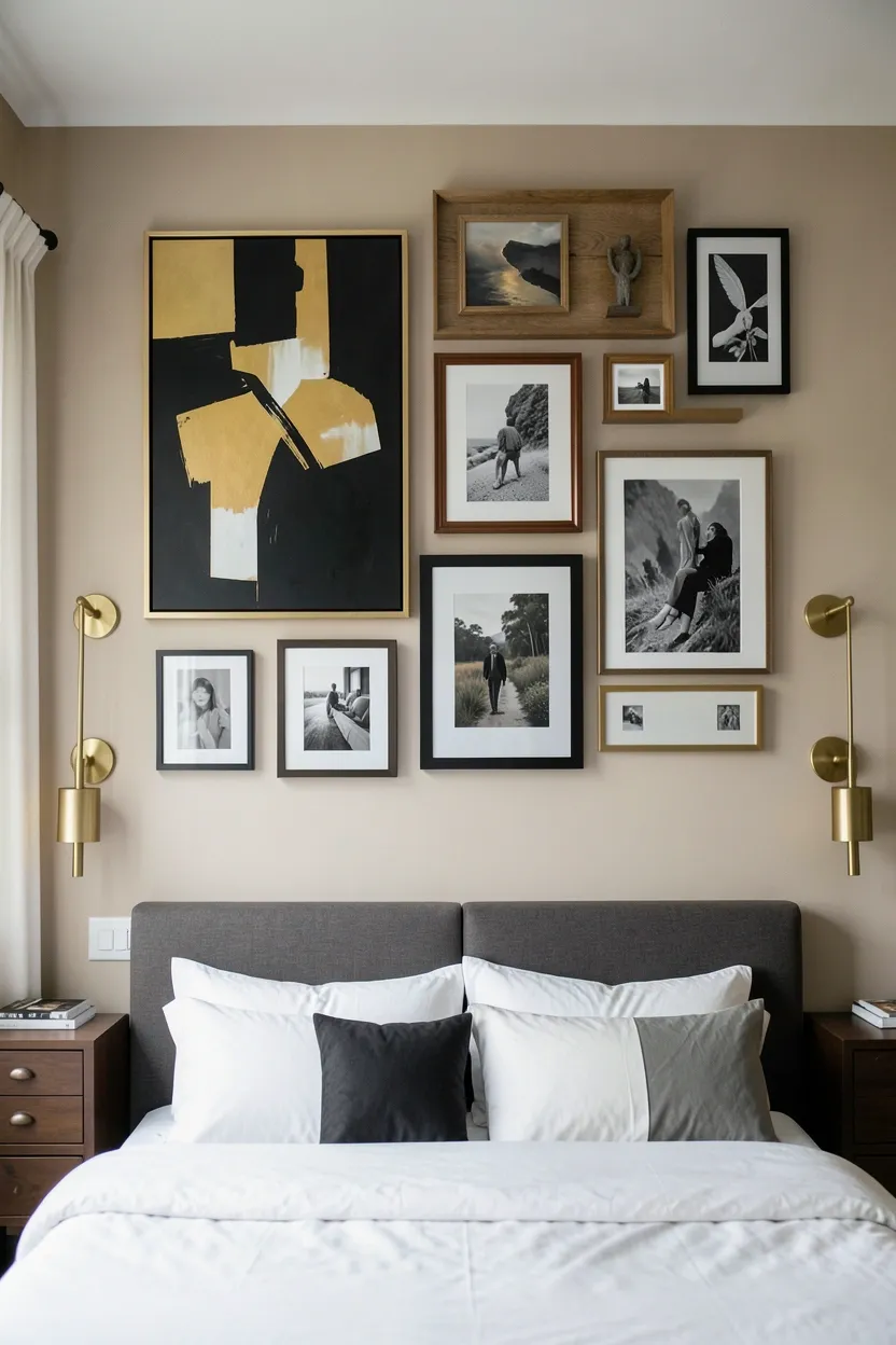 Hyper-realistic eye-level photograph of a maximalist bedroom gallery wall above a bed, featuring mixed frame styles in gold, black, and wood tones with varying artwork sizes including large abstract canvas, smaller framed photographs, and a small wall-mounted sculpture. Materials: various frame finishes, canvas art, framed photographs, brass light sconces flanking the display. Soft diffused light from bedroom window, creating gentle shadows and highlights on the artwork. Coherent mood: curated and personal maximalist aesthetic with collected-over-time feel. Shallow depth of field, sharp details on artwork frames, balanced composition showing bed and room context below. No text, no logos, no watermarks.</p>