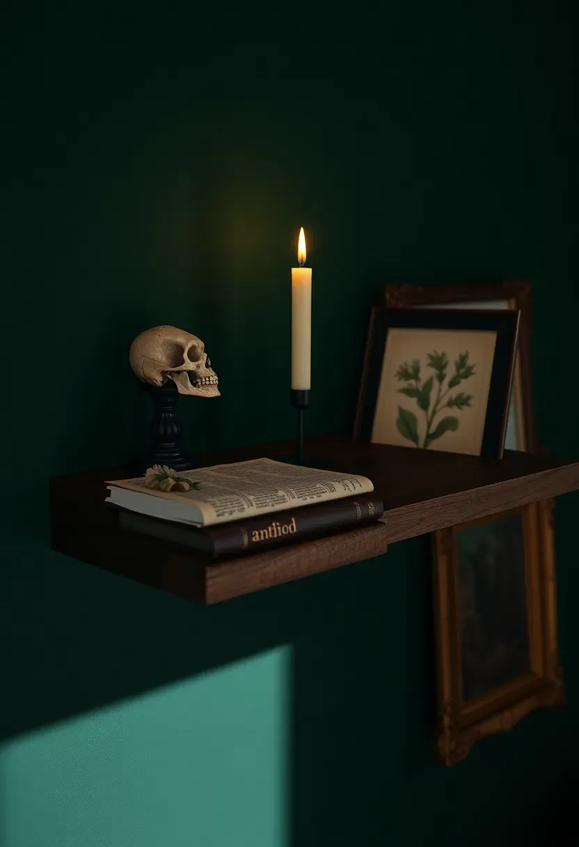 Dark academia gallery wall shelf in forest green with a skull paperweight, taper candle in black iron holder, and a well-worn anthology against a green painted wall