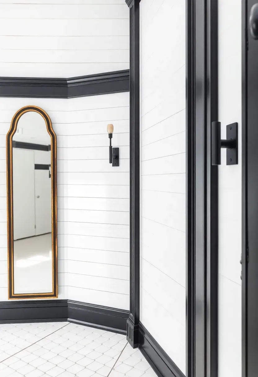 White shiplap bathroom walls with black hardware accents and dark towel bars — cozy farmhouse monochrome bathroom