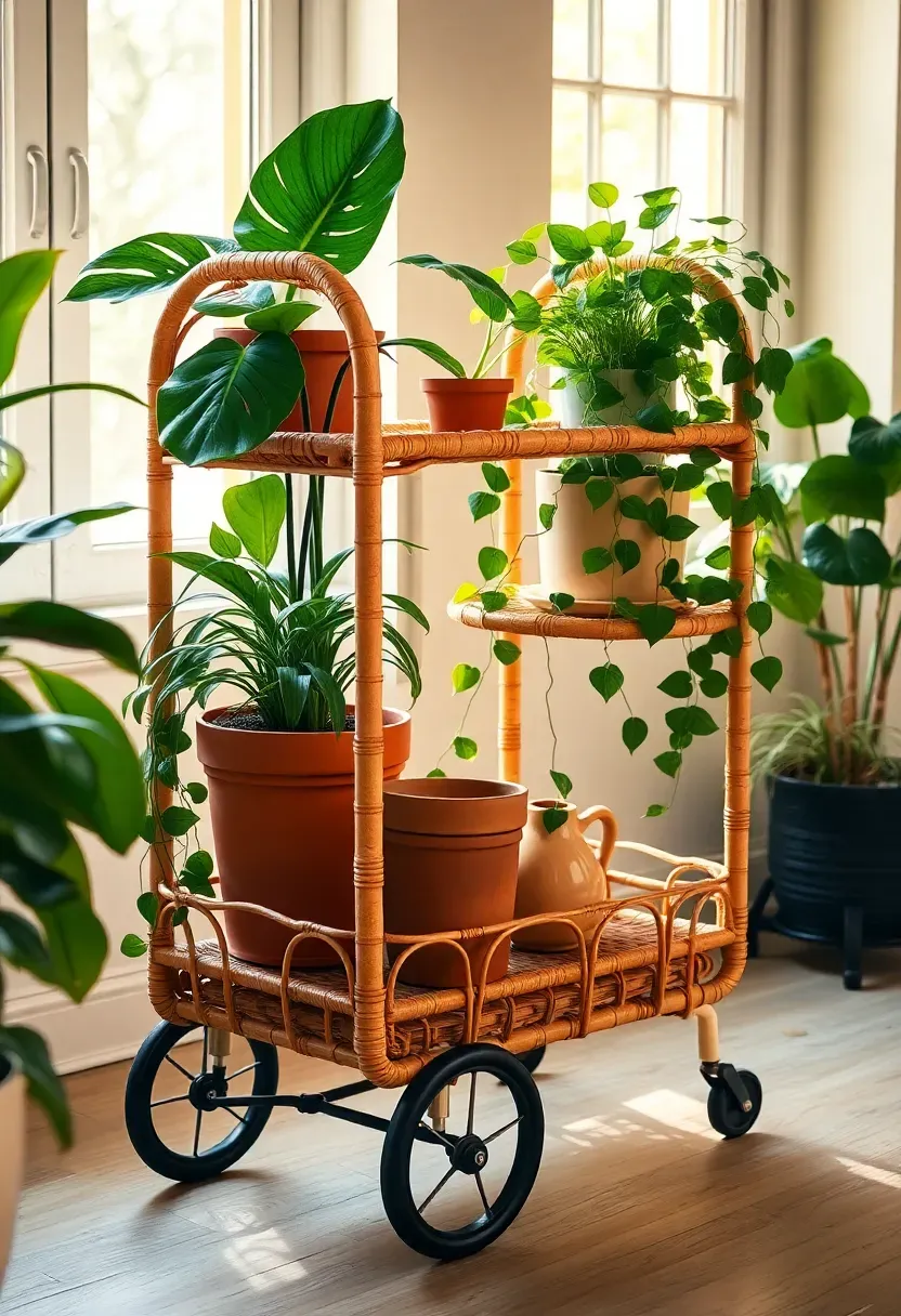 Rattan wheeled plant trolley with three levels holding various potted plants in a sunroom near a window with warm natural afternoon light