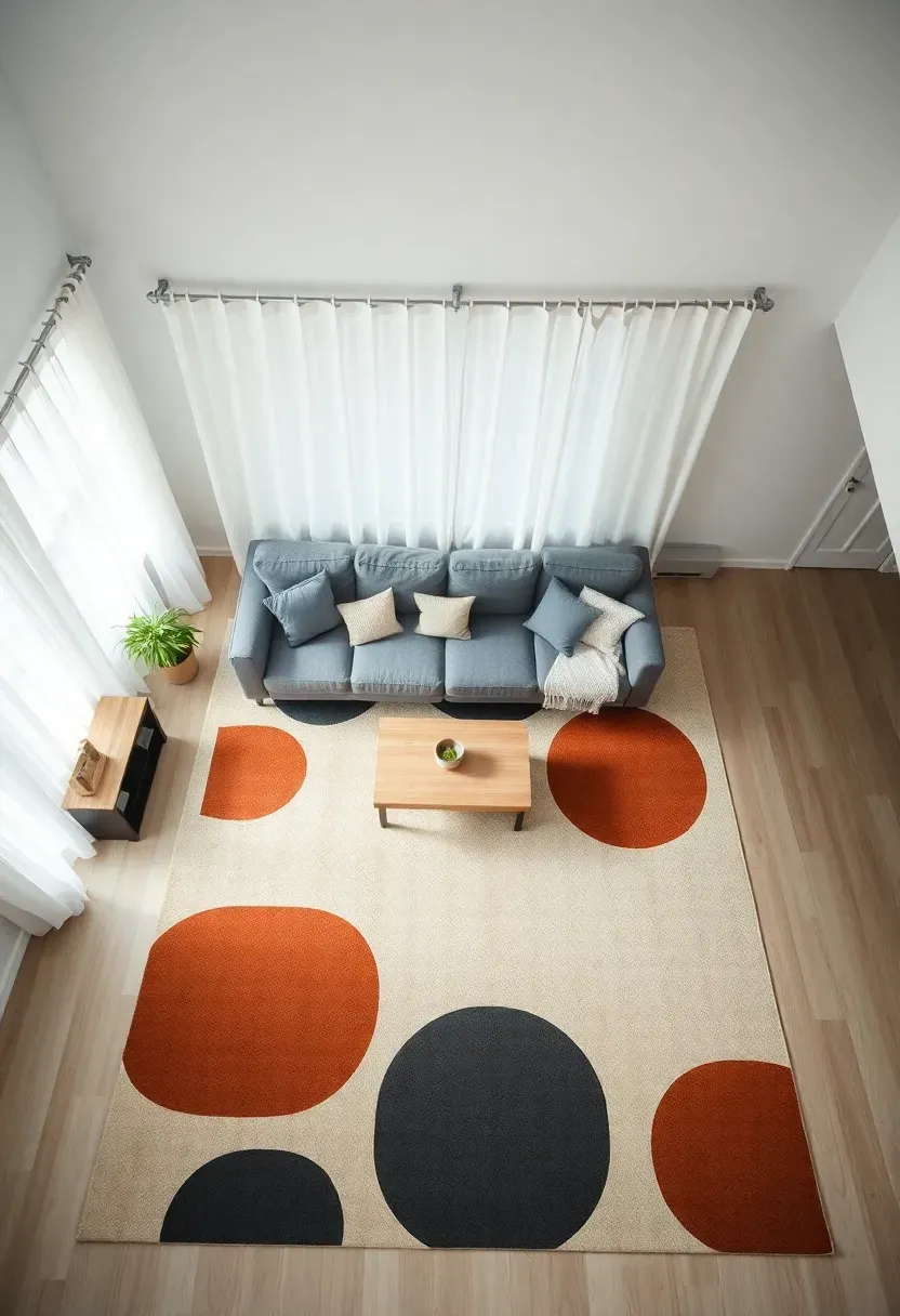 Hyper-realistic top-down view of living room with one patterned element. Materials: large geometric patterned rug with bold shapes in cream charcoal rust, solid gray linen sofa, solid cream pillows, solid white curtains, plain wood coffee table. Patterned rug as sole pattern source. White walls visible at edges. Clean minimal surroundings allowing rug pattern to dominate.</p>