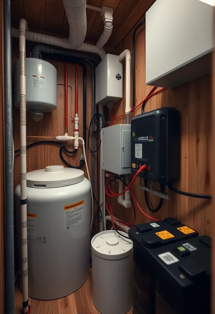 Hyper-realistic detail shot of tiny house utility systems compartment showing water tanks, electrical panel, solar charge controller, and battery bank neatly organized with labeled plumbing and wiring. Materials: PEX tubing, marine-grade batteries, copper wiring, PVC pipes. Bright LED lighting, clean professional installation with cable management and color-coded labels. Technical precision mood, no text or watermarks.</p>