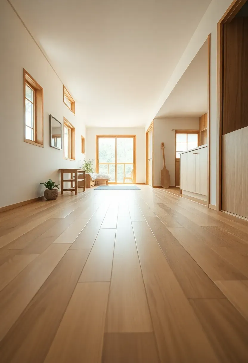 Hyper-realistic high-angle shot showing continuous wood flooring flowing through Japanese tiny house. Light oak floorboards running from genkan entry through tatami room edge (wood border), kitchen, and sleeping area. Floorboards maintain consistent direction and finish throughout. Materials: natural light oak with subtle grain, white walls, wood cabinetry. Bright natural light from multiple windows, emphasizing floor continuity and spatial flow. Shallow depth of field showing wood grain and floor details. Expansive Japanese minimalist mood.</p>