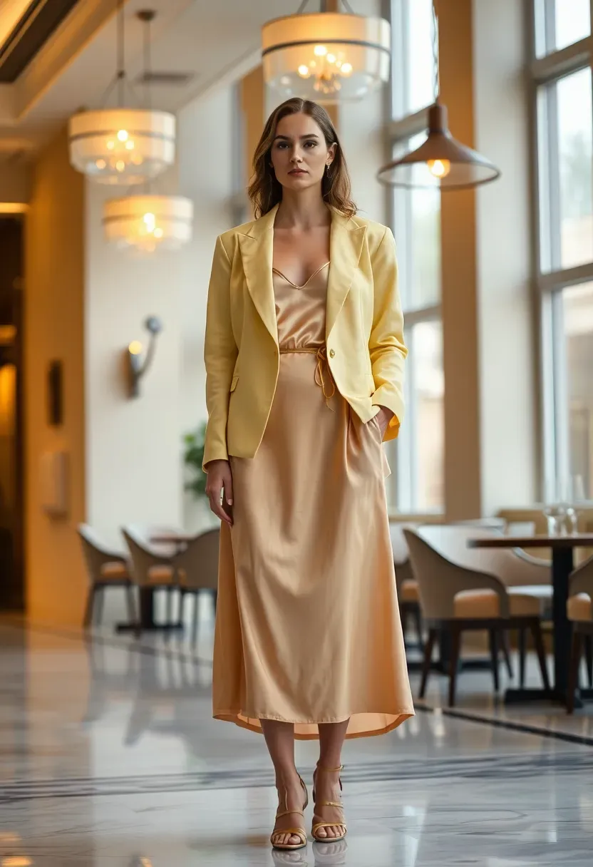 woman in a pastel yellow blazer layered over a champagne satin slip dress at a chic indoor baby shower