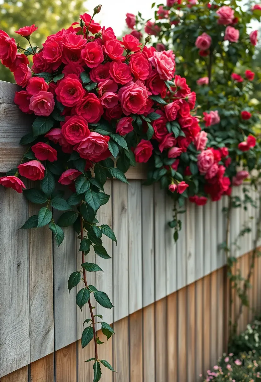 Climbing roses trained along a weathered wooden fence with red and pink blooms against a green garden background