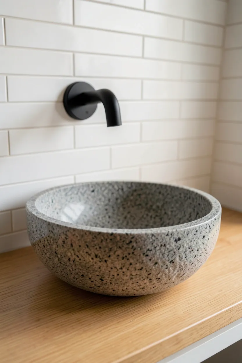 Honed granite stone vessel sink on natural oak wood counter in a japandi bathroom with warm material contrast
