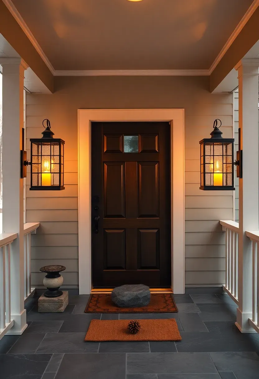 Hyper-realistic wide shot of a covered front porch at twilight with two wall-mounted lanterns flanking a dark wood front door. Lanterns feature black metal frames with seeded glass panels, warm LED candlelight visible inside. Below each lantern, a small stone pedestal with a pinecone arrangement. Porch floor is slate tile with a coir doormat. Warm golden light from lanterns creates ambient glow on the porch ceiling and casts soft shadows. House exterior is light gray with white trim. Visible winter landscape beyond porch railing. No text, no logos, no watermarks.</p>