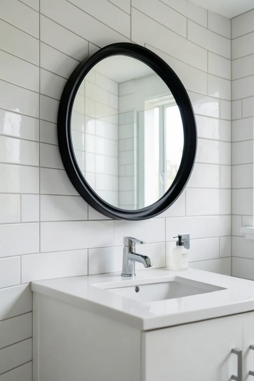 Hyper-realistic eye-level photograph of a modern black bathroom featuring round mirror with matte black metal frame, mounted on white subway tile wall, white vanity with white quartz countertop, chrome faucet. Natural light. Materials: matte black metal frame, white subway tiles, white quartz, chrome fixtures. Dramatic black mirror focal point. Clean modern aesthetic. No text, no logos, no watermarks.</p>