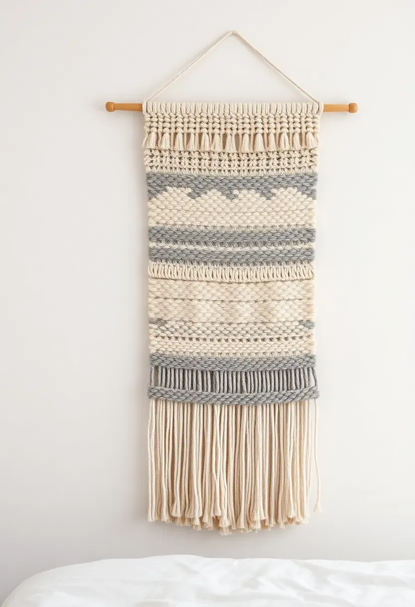 Minimalist woven textile wall art in neutral tones