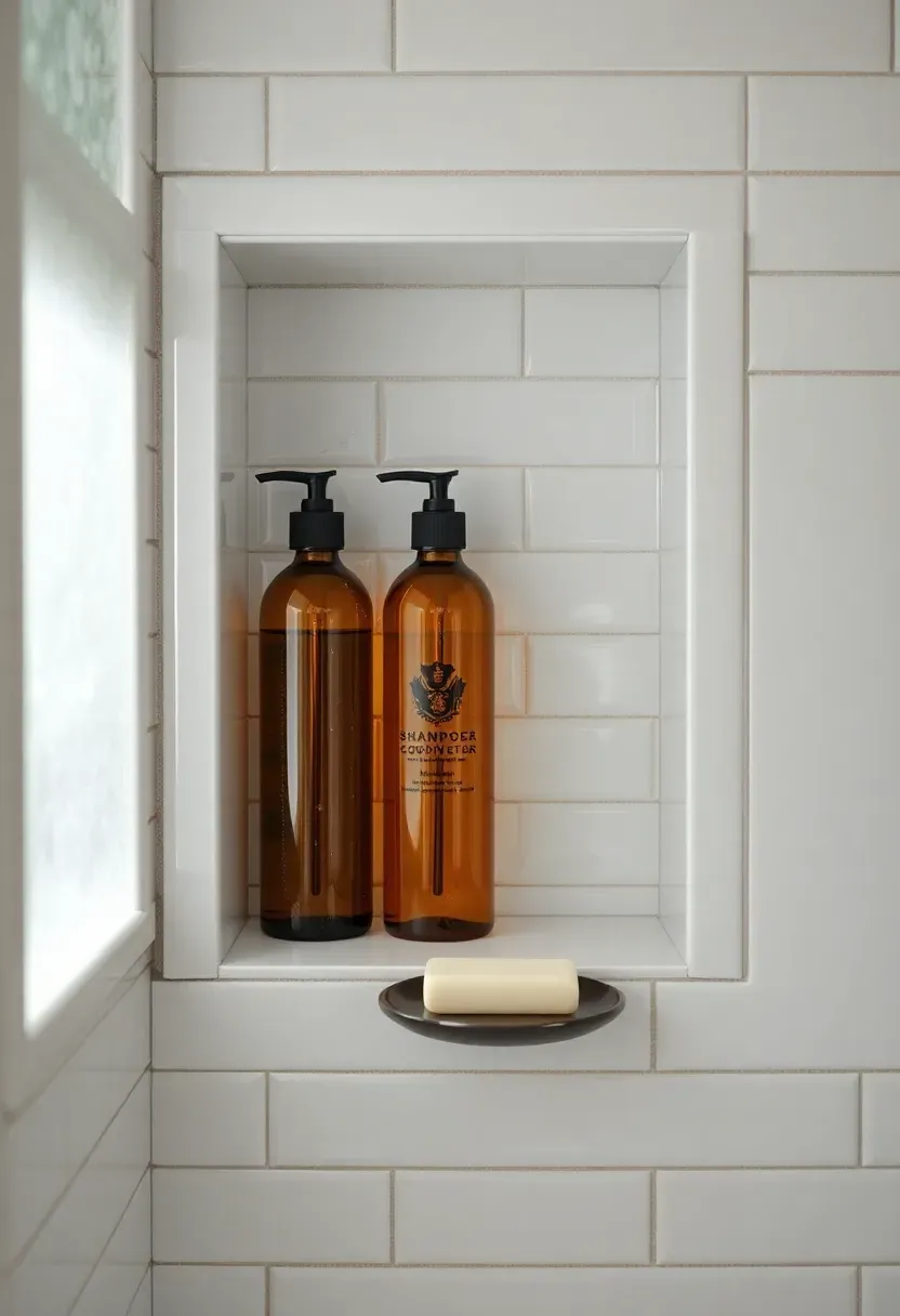 Recessed tile niche built into a shower wall holding shampoo conditioner and body wash bottles neatly aligned