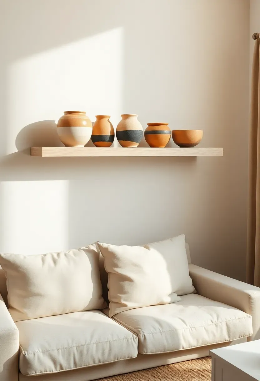 Hyper-realistic view of minimalist living room with ceramic focal point. Floating white oak shelf displaying collection of 5 handmade ceramic vessels in varied neutral tones—cream, taupe, terracotta, charcoal. Ceramics have visible throwing rings and glaze variation. Below shelf, cream linen sofa and jute rug. Materials: handmade ceramics with matte glazes, white oak shelf, linen upholstery, natural jute. Warm natural light from right, ceramics casting shadows. Gallery-like organic mood with neutral palette. Shallow depth of field, sharp details on ceramic textures, minimalist arrangement, ceramics as art.</p>