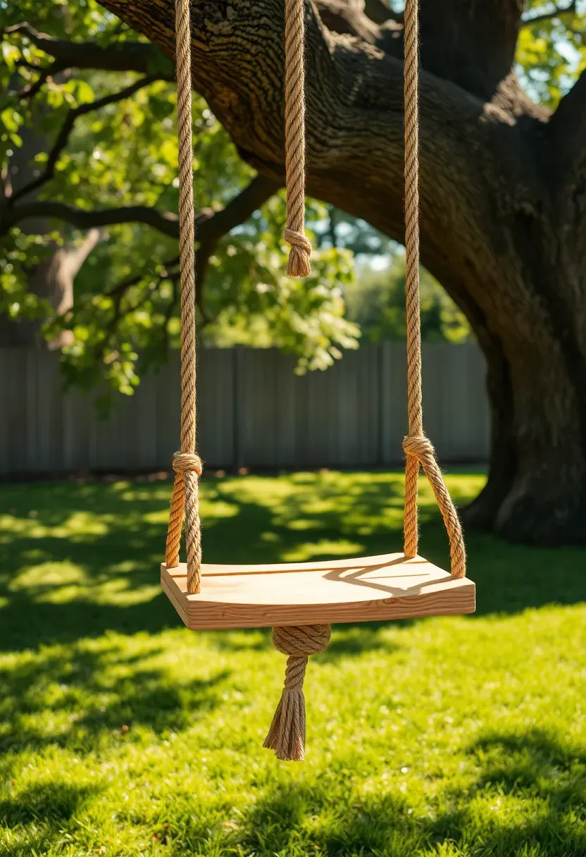 Thick manila rope swing hanging from a large oak tree branch over a grassy backyard with a wooden seat plank