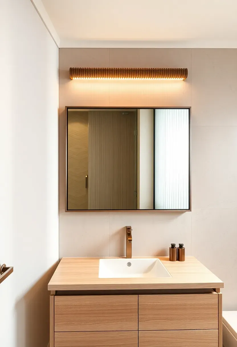 Reeded glass tube linear bar in brushed bronze above a frameless mirror in a modern organic bathroom with travertine and white oak