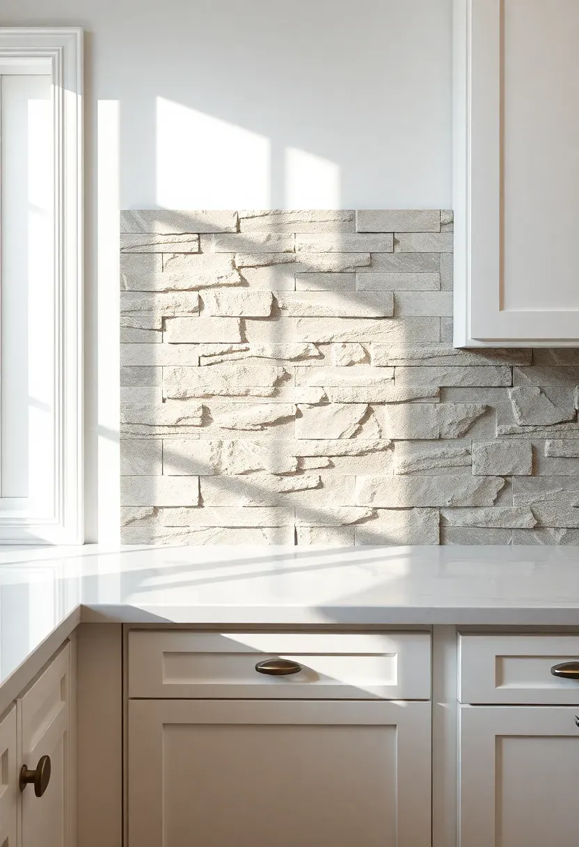 stacked natural stone ledger panel backsplash with rough textured surface in gray and cream tones behind white cabinets