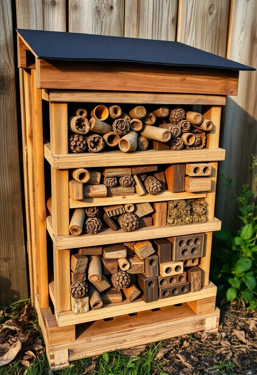 A handmade bug hotel in a backyard made from stacked wooden pallets filled with pine cones, bamboo tubes, bark, dried leaves, and drilled wood blocks