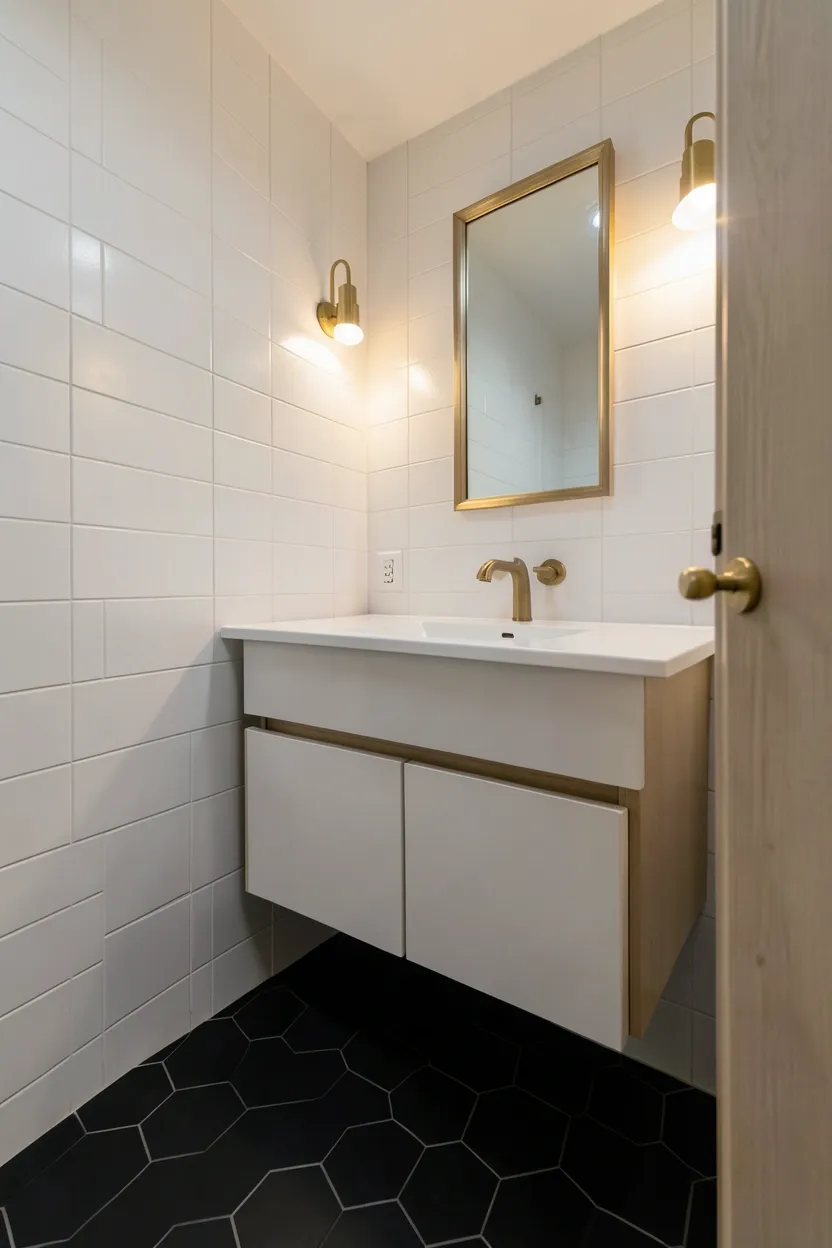 Matte black large-format hexagon floor tiles with brushed brass fixtures in a stylish small modern bathroom