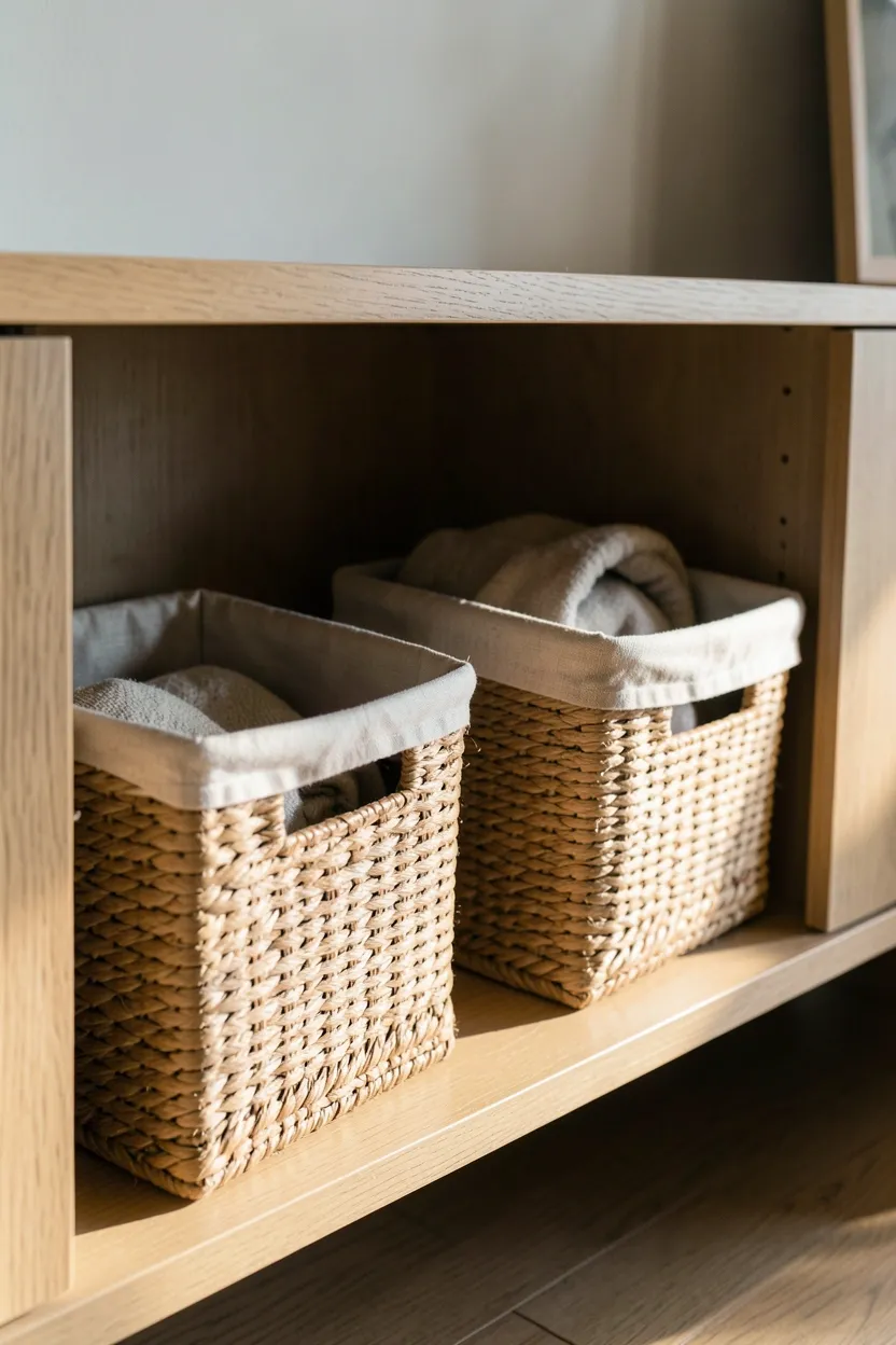 Hyper-realistic slightly elevated casual perspective of two woven storage bins on bottom shelf of open living room cabinet. Bins in natural jute material with canvas liners showing visible weave texture. One bin is partially open showing folded throws inside. Cabinet has light oak finish. Warm morning light creates soft shadows highlighting basket weave. Part of wall and floor visible. Materials: jute, canvas, oak wood. Natural organized mood. Sharp basket weave and wood grain details, shallow depth of field, functional composition. No text, no logos, no watermarks.