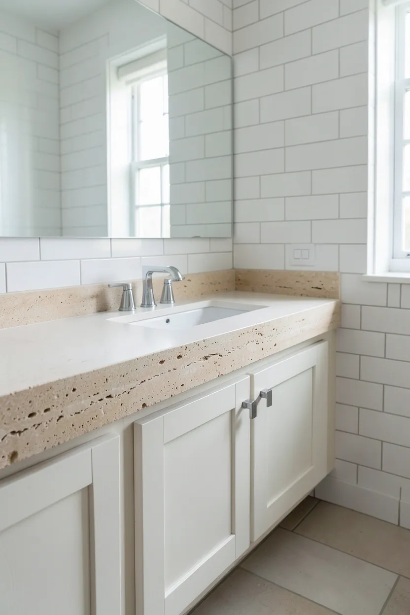 Hyper-realistic eye-level photograph of a modern earthy bathroom featuring natural stone vanity base in warm beige limestone with subtle variations, white wood cabinet doors with chrome hardware, white quartz countertop, white undermount sink, chrome faucet, white subway tile walls. Natural light. Materials: natural limestone vanity base, white wood, white quartz, chrome fixtures, white ceramic tiles. Earthy stone vanity base. Natural stone texture. No text, no logos, no watermarks.</p>