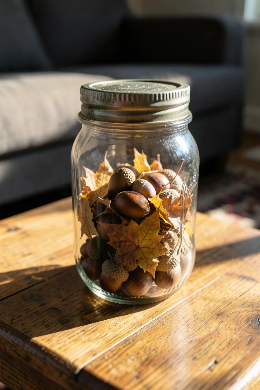 Hyper-realistic slightly elevated casual perspective of clear mason jar filled with acorns and small dried maple leaves on wooden coffee table. Jar has vintage-style metal lid partially on. Contents are arranged naturally with some acorns visible through glass and leaves creating layers. Warm morning light filters through jar, creating interesting shadows and refractions on table surface. Part of sofa and rug visible in background. Materials: glass, metal, natural botanicals. Rustic charming mood. Sharp glass details and natural contents, shallow depth of field, simple composition. No text, no logos, no watermarks.