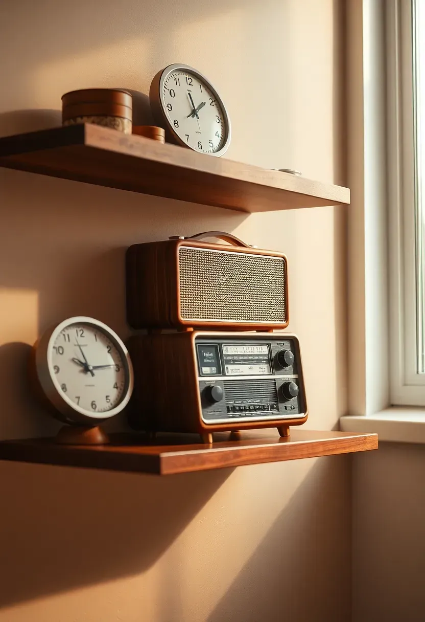 Radio shelf and minimalist wall clock