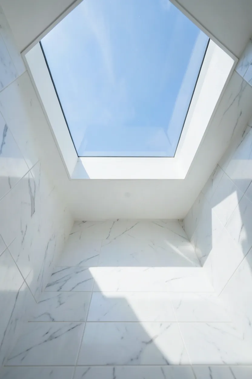 Bright natural light flooding through a skylight into a luxury mansion bathroom with stone tile floor