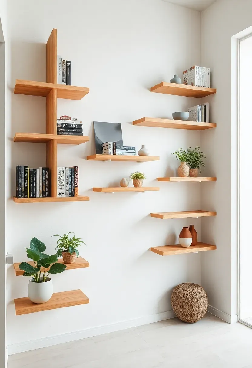 Modern entryway with a full wall of floating wooden shelves at varying depths displaying books, plants, and decorative objects
