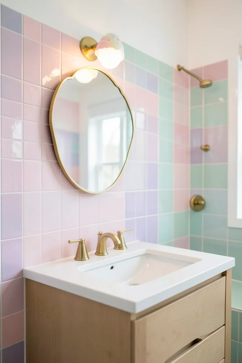 Toca Boca bathroom with pastel candy-color tiles, cupcake wall hooks, and sweet treats accessories on white walls