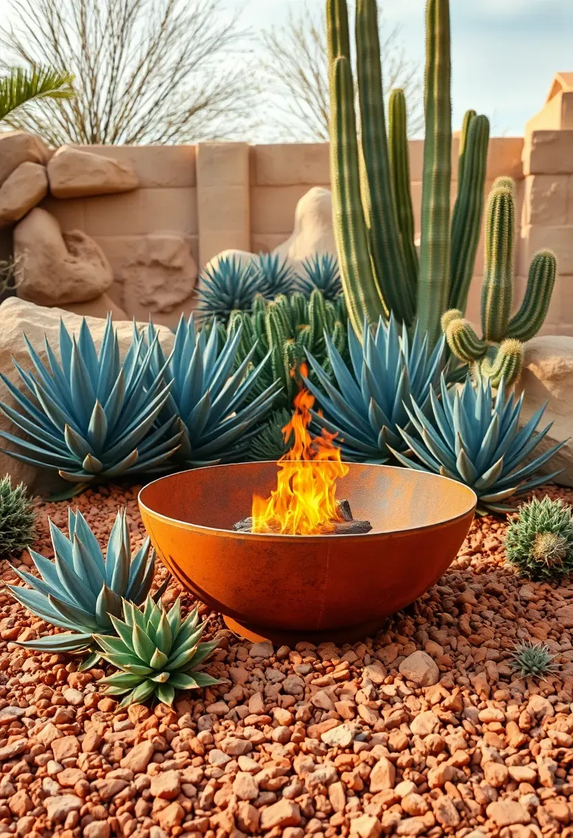 A desert-style fire pit area with succulents, agave plants, and crushed red rock ground cover in a dry climate backyard